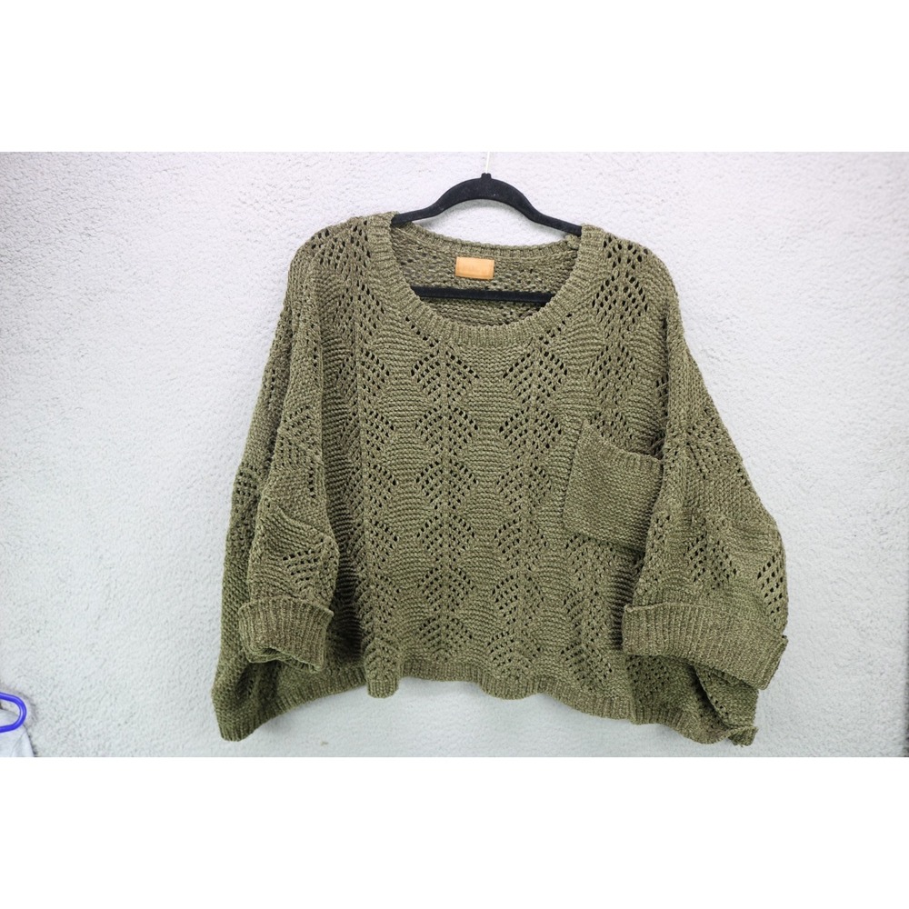 POL Olive Green Chenille Open Knit Boxy Cropped Top Sweater-Med.-Oversized-BOHO
